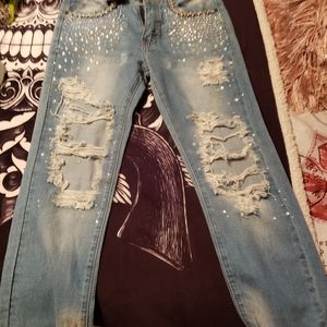 Machine brand rhinestone distressed jeans